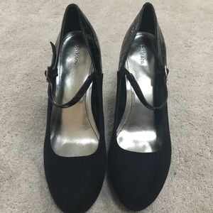 Style & Co Suede and Faux Croc T Strap Heels Sz 9 Black Great Deal